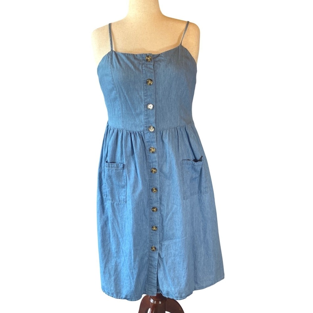 Denim Jean Dress Midi Smocked Back Button down Patch Pockets